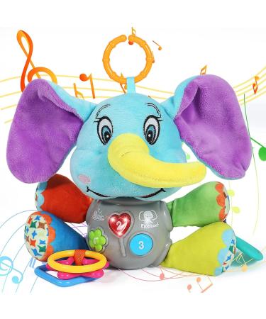 Brilliant plush elephant music toys with 12 songs and various natural noises equipped with suspension as a dental toy for car seats children's beds and strollers.