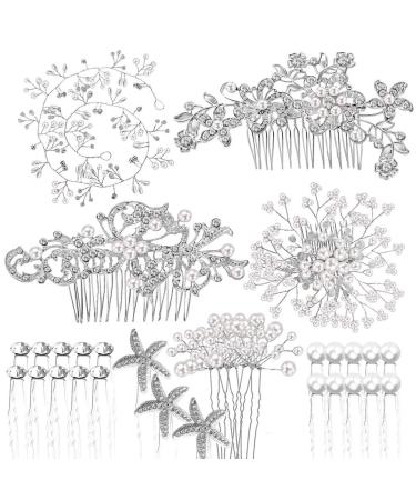 44Pcs Wedding Hair Combs for Brides Pearl Crystal Bridal Hair Accessories Side U Shaped Clips Silver Rhinestone Spiral Hair Pins for Women Bridesmaid Hair Down Headpiece