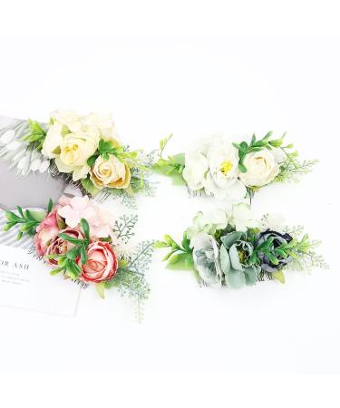 4 Pack Artificial Rose Flower Metal Silver Hair Combs - Wedding Hair Clips & Barrettes for Women - Buy Online on SooperMarket.com