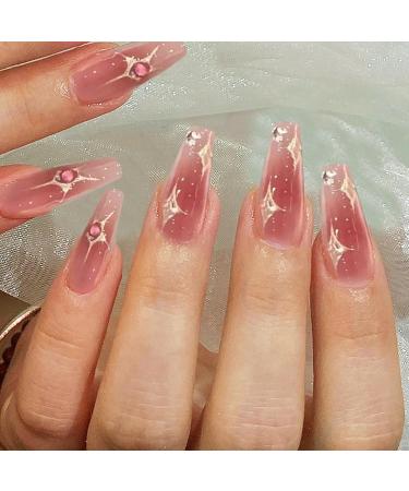 Shop Moguri 24-Piece Pink Diamonds Artificial Nails - Glossy Medium Length Acrylic with Stars Moon & Blush Designs - International Shipping Available - Buy Online on SooperMarket.com