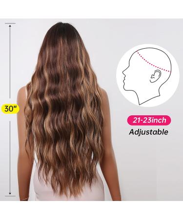 Allbell Long Wave Brown Highlight Wig with Bangs | Synthetic Hair Dark Roots Brown Mixed Blonde - Women's Wigs - Buy Online on SooperMarket.com