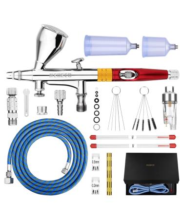 NEOECO Multi-Purpose Airbrush Kit  Dual-Action Gravity Feed Air Brush Sets with with Crown Nozzle  9cc 20cc 40cc Cup  0.2  0.3 & 0.5mm Needles for Makeup Nail Art Shoes Tattoo Cake Toy Model (Red)