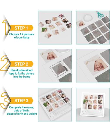 Dino My First Year Baby Keepsake Picture Frame - White Wood, 12 Months Photo Inserts - Nursery Decor Gift for Boys and Girls - Buy Online on SooperMarket.com