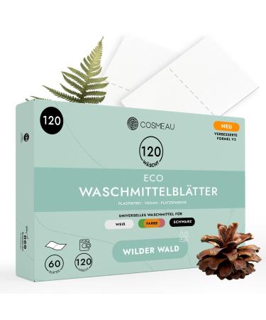 Cosmeau detergent leaves wild forest - up to 120 washes (60 leaves) - sustainable detergent for white color and black - plastic -free degradable & perfect travel detergent Wildwald 1 piece (120 pack)