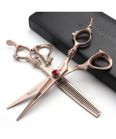 6-inch Rose Gold 440c high Hardness Japanese Hairpressing Scissors Salon Hairpressing Hair Cutting and Thinning Hairpressing Professional Hair Cut (Scissors Set)