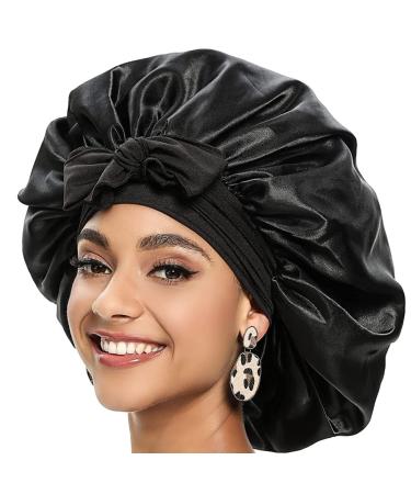 Hair Bonnet for Sleeping shower caps for women Bath Caps Satin Bonnets for Curly Hair Sleeping Silk Bonnet with Stretchy Tie Band (Black)