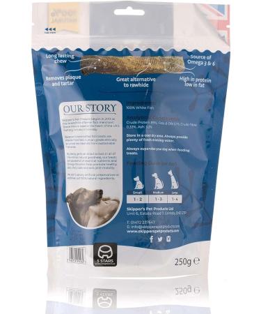 SKIPPER'S Fish Skin Dental Sticks - Natural Dog Dried Treats Low in Fat Healthy Chews Long Lasting Grain Free Dog Treat | White-Fish Skin Sticks For Dogs (Regular 250g) 250 g (Pack of 1) Regular - Buy Online on SooperMarket.com