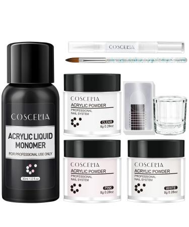 Acrylic Nail Kit Clear White Pink Acrylic Powder and Liquid Monomer Set Acrylic Nail Tools for Nail Extension Nail Art Starter Kit Acrylic Nail Supplies Home DIY Manicure Kit No Nail Lamp Needed 55