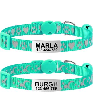 Tagme 2er-Pack Cat neck band with name and address shield reflective cat collar with safety lock and bell for puppy and cat turquoise 18-28 cm turquoise