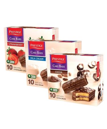 Prestige Strawberry Cream Cake Bars Milk Cream HALAL Cake Bars and Cocoa Cream HALAL 300g | Sponge Cake Bars | 10 Cake Bars In a Pack (Mixed 3 Pack) Mixed 100 g (Pack of 3)