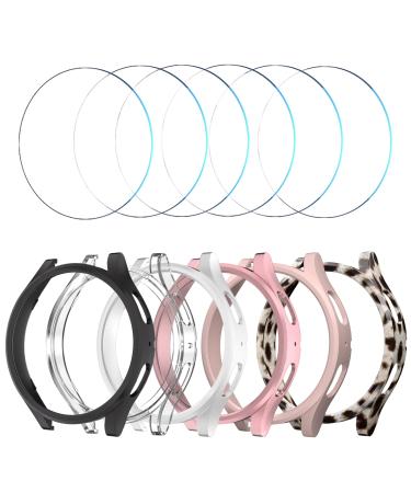 6+6Pack Screen Protector Case for Samsung Galaxy Watch 5 / Galaxy Watch 4 44mm HASDON Bubble Free Tempered Glass Film + Waterproof Hard PC Bumper No Water Collected Protective Cover Black/Rose Gold/Pink/Silver/Leopard/Clear 44mm