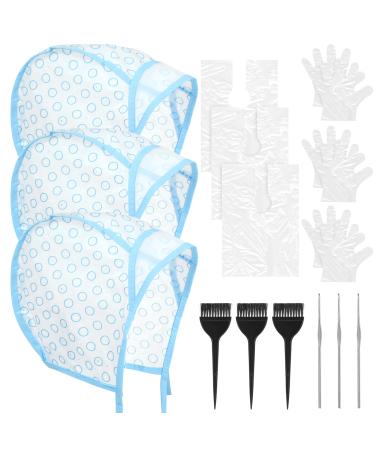 Highlighting Cap 3 Sets Hair Highlighting Kit Includes Highlight Caps for Hair Hair Highlighting Crochet Hooks Dye Brushes Gloves Hair Dye Shawl for Salon Hair Dyeing Hairdressing (Blue)