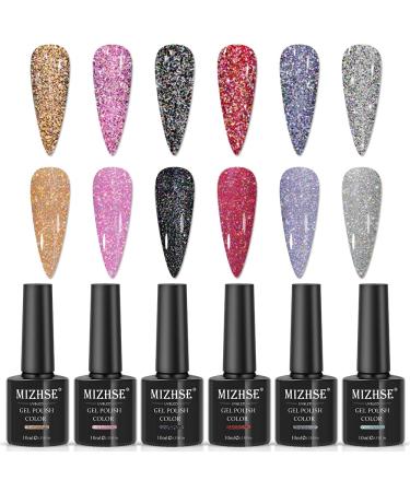 MIZHSE Reflective Glitter Gel Polish Set 10ml  Holographic Glitter Gel Polish Set  Sparkly Shiny Diamond Gel Nail Art  for Starter DIY at Home Soak Off LED Varnish Manicure Kit(Set of 6) Colorful Reflective Gel Polish