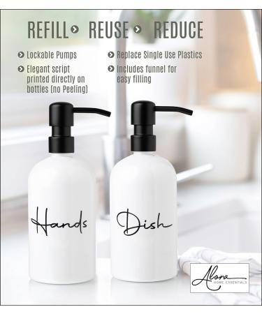 Alora Hand Soap Dispenser and Liquid Dish Soap Dispenser for Kitchen Sink - Set of 2 - Black Metal Pumps - Reusable Plastic Bottle with Easy to Read Lettering - Countertop Replacement Refill Set of 2 (16 Ounce) White - Buy Online on SooperMarket.com
