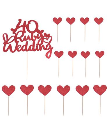 1 Pc 40th Anniversary Cake Toppers Ruby Wedding Cake Toppers with 14Pcs Heart Cake Decorations Toppers Red 40th Wedding Anniversary Cake Decorations Glitter Cake Topper for Celebration Party Supplies