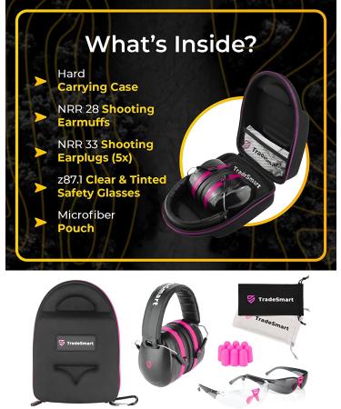 TRADESMART All-in-One Shooting Ear Protection Kit - Pain-Free Earmuffs, Earplugs, Glasses, Carrying Case (2x Pink) - Buy Online on SooperMarket.com
