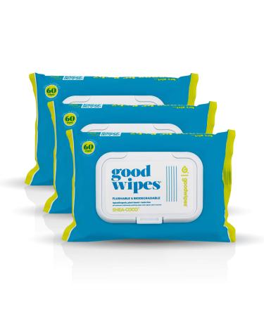 Goodwipes Flushable & Biodegradable Wipes with Botanicals, Dispenser for At-Home Use Safe, Shea-Coco with Aloe, Septic and Sewer Safe, 180 count (3 packs) - Never Dries Out