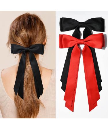2PCS Silky Satin Hair Bows Hair Clip Black Hair Ribbon Ponytail Holder Accessories Slides Metal Clips Hair Bow for Women Girls Toddlers Teens Kids Black+Red