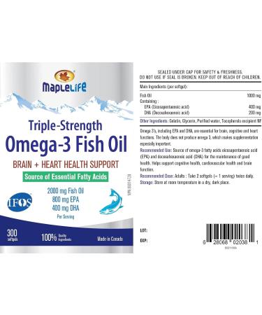 MapleLife - Triple-Strength - Omega-3 Fish Oil - Brain + Heart Health - Essential Fatty Acids - DHA EPA - Fish Oil Softgel 2000 Mg - 300 softgels - Buy Online on SooperMarket.com