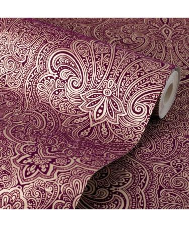 Exclusive Henna Velvet Flock Purple/Gold Damask Wallpaper J902