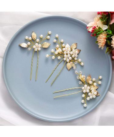 Gorais Pearl Bride Wedding Hair Pins - Leaf Bridal Hair Pieces Rhinestone Hair Clips (Pack of 3) - Gold Accessories for Women and Girls - Buy Online on SooperMarket.com