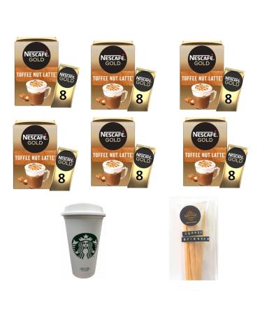 Nescafe Gold Toffee Nut Latte Instant Coffee Contains 48 Toffee Sachets Bundled With 48 x Temas Store Coffee Stirrers & 1 x Reusable Coffee Cup| Coffee Gift Set | Coffee Sachets Individually Wrapped