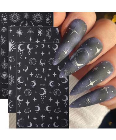 Stylish 3D Metallic Nail Art Stickers - Silver Moon Star & Snake Designs - Luxury Self-Adhesive Decals for DIY Manicure Decoration - Buy Online on SooperMarket.com