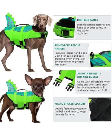 Durable Adjustable Dog Life Jacket | Ripstop Pet Safety Vest with Rescue Handle | Enhanced Buoyancy for Anxiety-Free Swimming | Small Medium Large Dogs | Green Dinosaur Design - Buy Online on SooperMarket.com