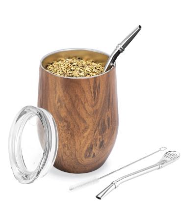 Telanks Modern Mate Becher 340 ML Yerba Mate Mate Mate 18/8 Stainless Steel Mate Tea Cup with BPA-free lid straw (bombillas) and a cleaning brush (wood)