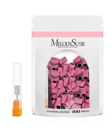 MelodySusie 100 Pcs Nail Drill Bits Sanding Bands for Nail Drill 180 Fine Grit Nail File Sanding Bands for Acrylic Nails Gel Manicures and Pedicure 180 Grit Pink