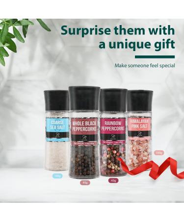 Soeos Salt and Pepper Grinder Set with Rainbow Peppercorns, Black Peppercorns, White Sea Salt, and Pink Salt - 9.8oz (277.82g) Total Spice - Plastic Bottle Grinder Included - Buy Online on SooperMarket.com