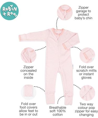 100% Cotton Double Zip Baby Sleepsuit Romper, Pink Stripe, 3-6 Months - Gender Neutral Footless Onesie with Fold Over Cuffs - Buy Online on SooperMarket.com