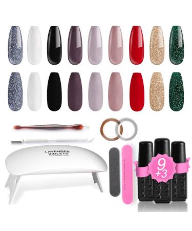 Lavender Violets 19 Pcs Gel Polishes Holidays Party's Gift Set With Portable LED Nail Lamp Dryer Soak Off UV Base Matte n No Wipe Top Coat Nail File Golden Sliver Sticker Manicure Tools R965A Trendy Colours-965A