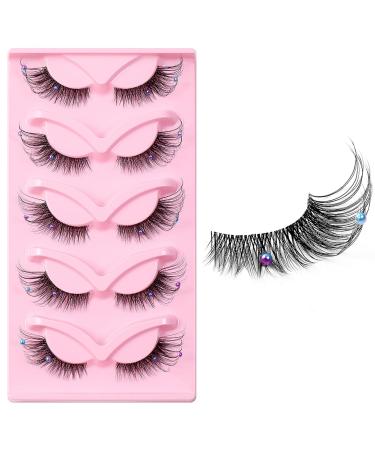 Fluffy False Lashes Fake Eyelashes 5 Pairs Lash Extension with Small Pearl Decoration Cat Eye False Eyelashes 3D Faux Eyelashes for Costume Party Stage Performance Festival Celebrations