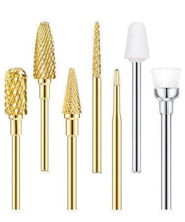 Carbide Nail Drill Bits Set - YaFex 7 Pcs 3/32 Inch Professional Tungsten Nail Bits for Remove Acrylic Gel Nails, Cuticle Clean Nail Carbide Drill Bits for Electric Manicure Pedicure Nail Drill, Gold 7 pcs Gold Carbide