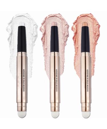 CCbeauty Shimmer Eyeshadow Sticks for Eyes  2-IN-1 Cream Eye Shadow Pencil Crayon Makeup with Smudger  Hypoallergenic Waterproof Eye Brightener Stick  Shiny White Pink Champagne Eyeshadow Makeup  01