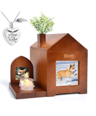 3 in 1 Dog Ashes Box Set Wooden Urns for Dogs Ashes with Urns Necklace (Heart) Monument Candle Holder Ashes Casket Keepsake Memorial Gift with Picture Frame Cremation Box for Cats Rabbit Small Pets Ashes Box+necklace Heart