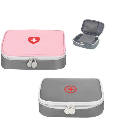 2 pieces of medication bag pills box organizer portable small medicine owner first portable mini first aid sets for outdoor sports home camping hiking (pink + gray)