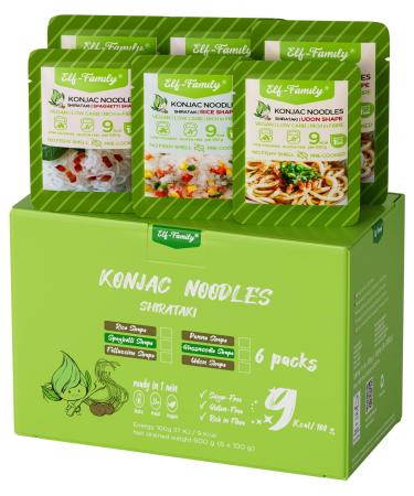 Elf-Family 3+3 Tasting Package Konjak noodles (Udon/Spaghetti/Reis) 9kcal Low Carb/Vegan/Premium Instant Shirataki pasta/keto/low-calorie/gluten-free/sugar-free