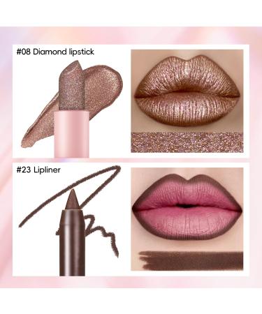Metallic Dark Brown Lipstick Liner Set - Long Lasting Glitter Diamond Lip Color | Full Coverage Non-Stick Makeup for Women - Buy Online on SooperMarket.com