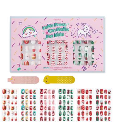 144Pcs Kids Press on Nails Children Girls Press on Short Artificial Fake Nails No fading Stable Quick Stick on Cute Pre Glue Full Cover Acrylic Nail Tip Kit Gift Kids Nail Decoration (Christmas Style)