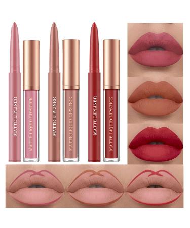 6Pcs Matte Liquid Lipstick Lip Liner Set Velvety Nude Lipstick Stay On 24 Hours Waterproof Non-Stick Cup Not Fade Liquid Lipstick Lipliner Make Up Gift Set (Set F)