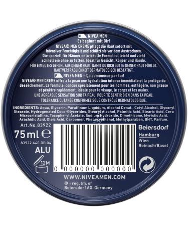 Nivea Men Nourishing Skin Cream (4 Pack) - Intensive Moisture for Body Face & Hands with Vitamin E - Lightweight Formula (75 ml) - Buy Online on SooperMarket.com