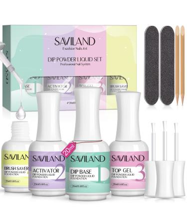 SAVILAND Dip Powder Liquid Set 20 ml/0.68 oz 12 PCS Nail Dip Liquid Set with Base/Top Coat/Activator/Brush Saver Dipping Powder System Nail Tools for French Nail Art Manicure Nail Salon & Home
