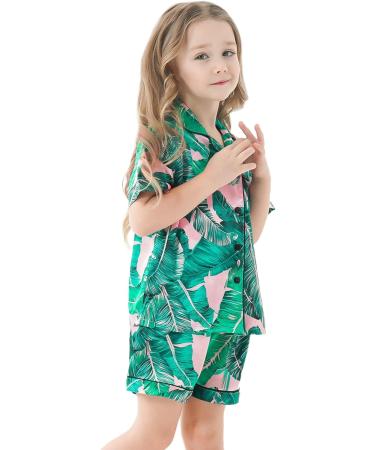 SWOMOG Kids Silk Pyjamas - Short Sleeve Satin PJs Set for Girls Boys | Button-Down Silky Nightwear for Children & Teens | Pink Leaves Design | Ages 4-16 - Buy Online on SooperMarket.com