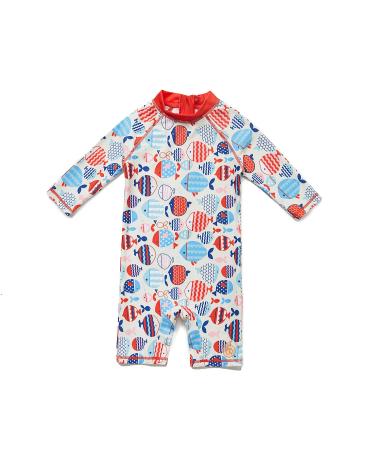 BONVERANO Baby Girls Swimsuit Toddler Bathing Suit Long-Sleeve Zipper One Piece Swimwear with UPF 50+ Sun Protection 3-6 Months Red / Fish