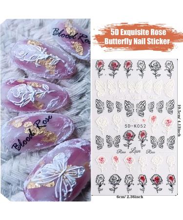 Embossed Self-Adhesive Nail Stickers - AIBEE 5D Butterfly Flower Decals (3 Sheets) - DIY Nail Decoration for Girls Women - Black/White - Buy Online on SooperMarket.com