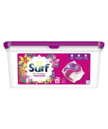 Surf Tropical Lily 3 in 1 capsules with long lasting fragrance Washing Capsules for brilliantly clean laundry every time 32 Washes Water Lily