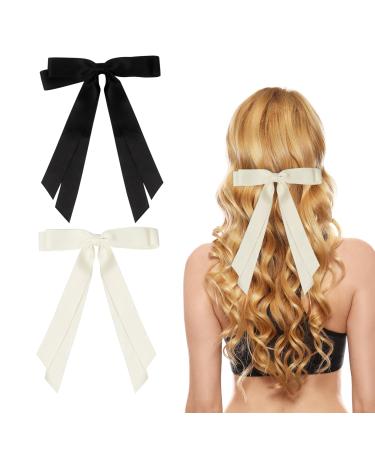 2 Pack Hair Bows for Women Bow Hair Clips French Barrette with Long Silky Satin Hair Ribbons for Women Girls(Black Beige) Beige Black