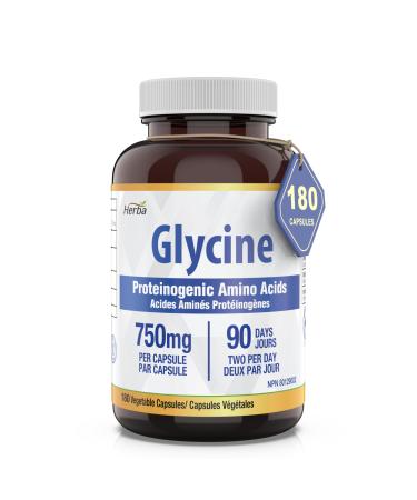 Herba Glycine Supplement 750mg - 180 Capsules | 99% Ultra Pure Glycine Capsules | Free-form Proteinogenic Amino Acids Supplements | Made in Canada